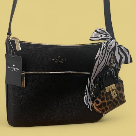 KATE SPADE LENA SWINGBACK LARGE BLACK PEBBLED LEATHER CROSSBODY - Picture 1 of 8